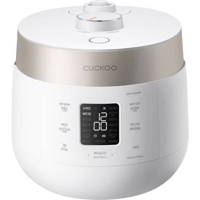 Un rice cooker moderne avec affichage numérique. Affiche les modes de cuisson et les options de réglage. Lignes et boutons de commande en haut de l'appareil.
