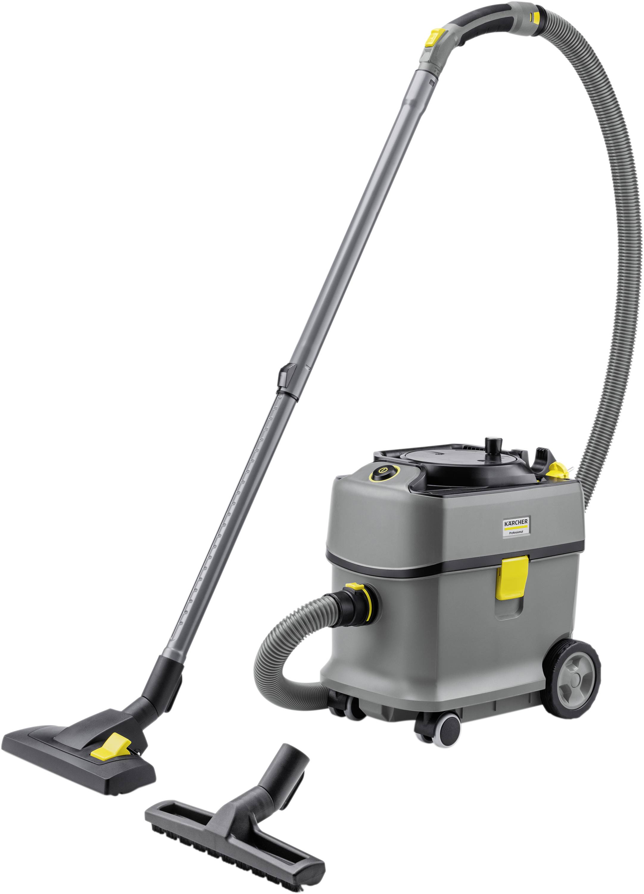 Un aspirateur gris avec des accents jaunes et un tuyau, monté sur roues. Comprend deux embouts interchangeables différents.