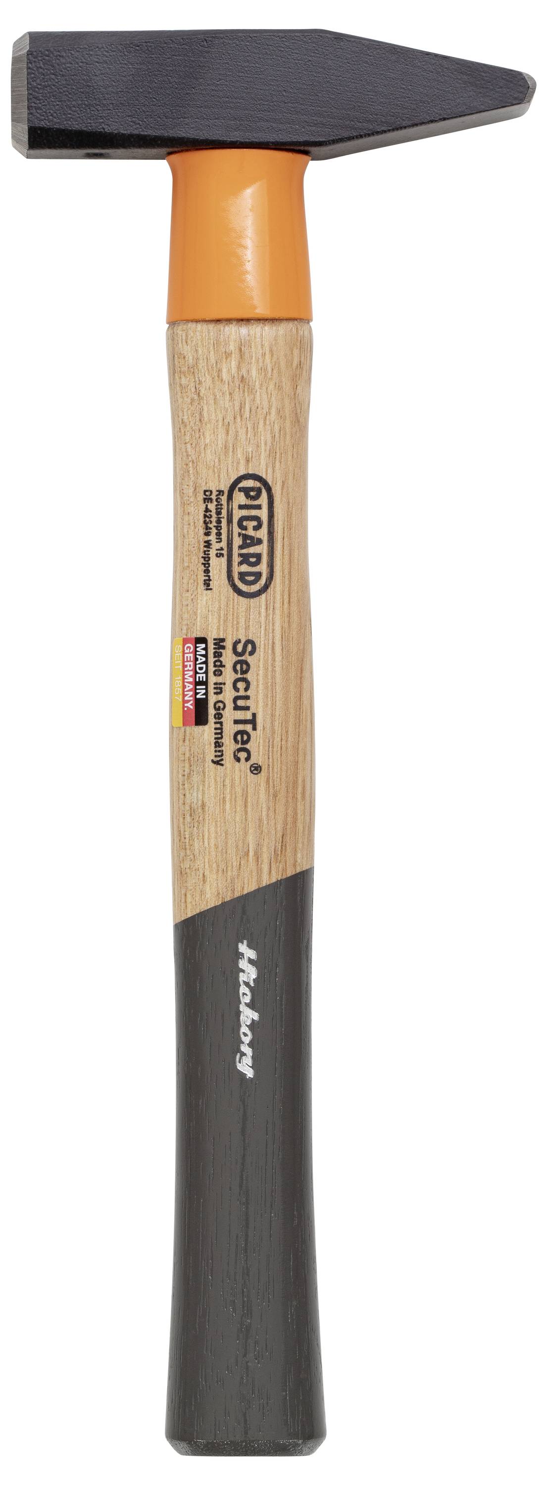 Un marteau avec manche en bois et tête noire, marqué 'Picard SecuTec Made in Germany', est debout sur un fond blanc.