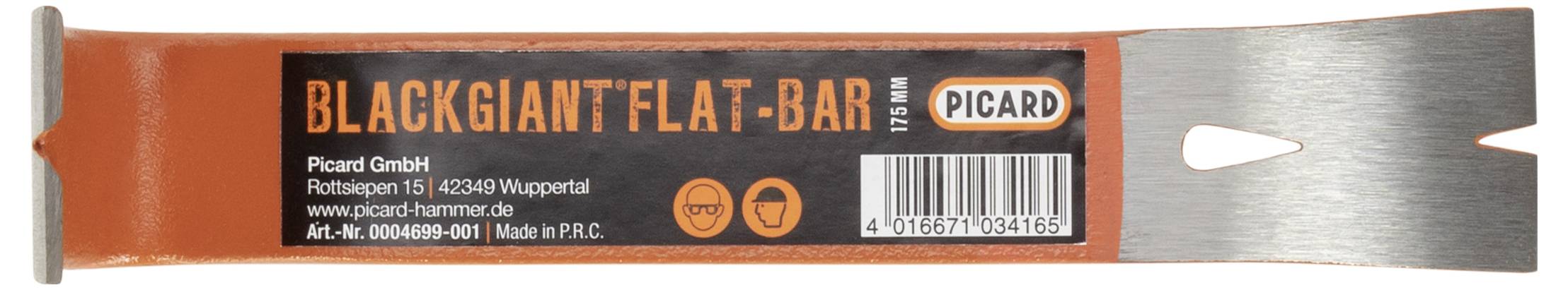 Un levier plat orange nommé 'Black Giant Flat-Bar' de Picard avec les informations du produit et du fabricant sur l'étiquette.