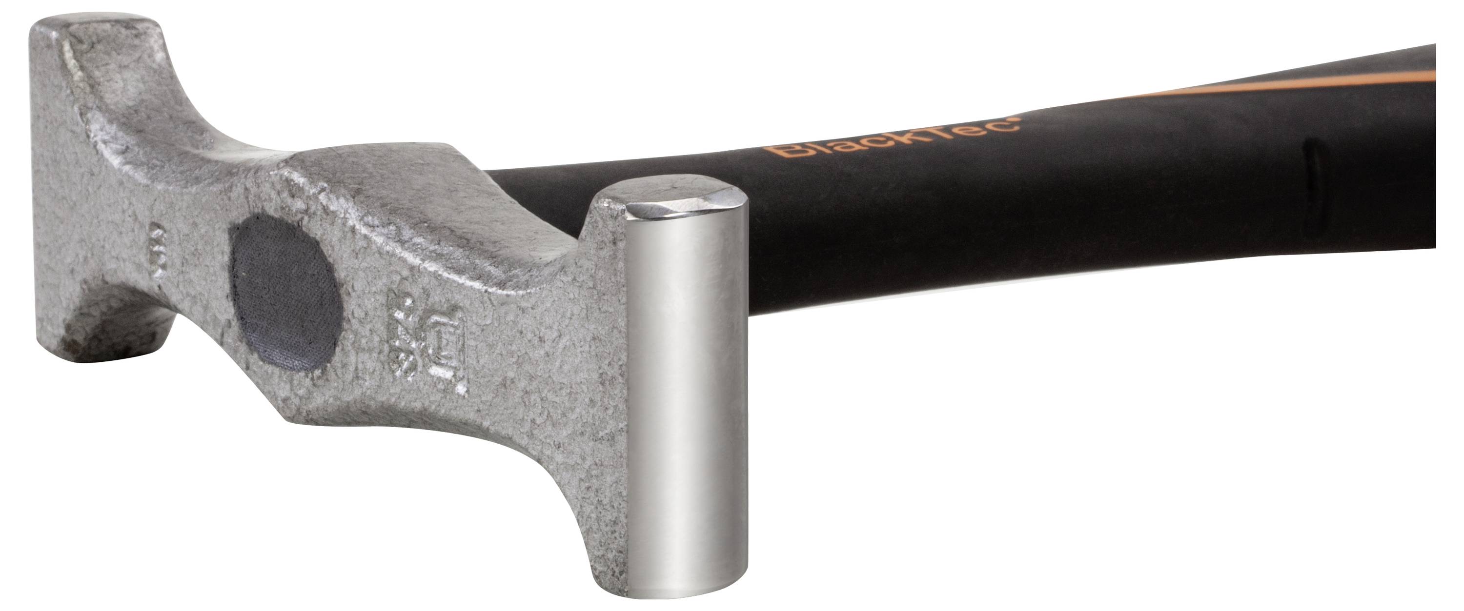 Un marteau métallique avec une poignée noire, représenté de côté. La tête du marteau présente deux surfaces de frappe dans un design moderne.