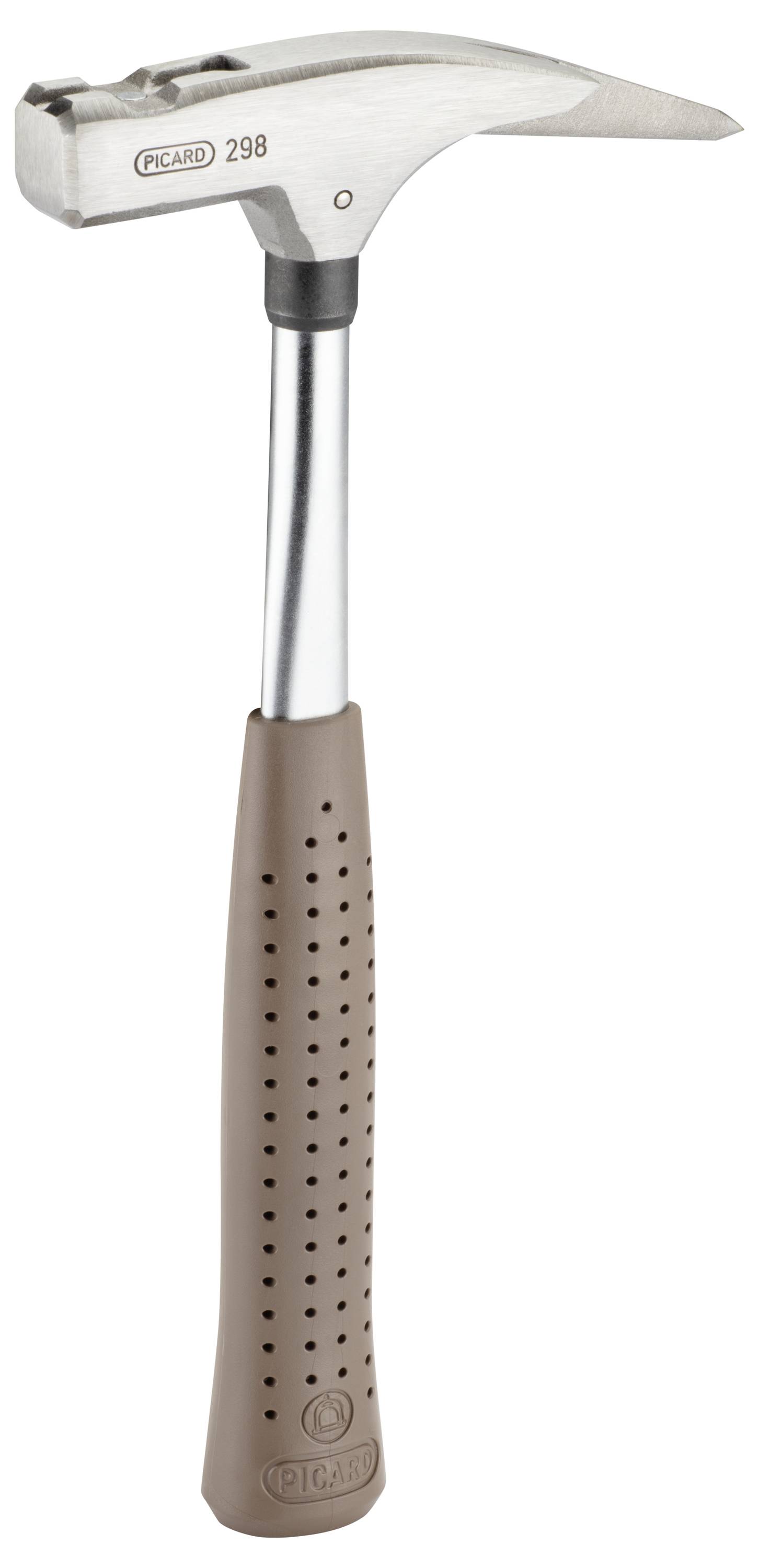 Un marteau avec une tête en acier et une poignée brune rembourrée. Adapté aux travaux généraux de construction et d'artisanat.