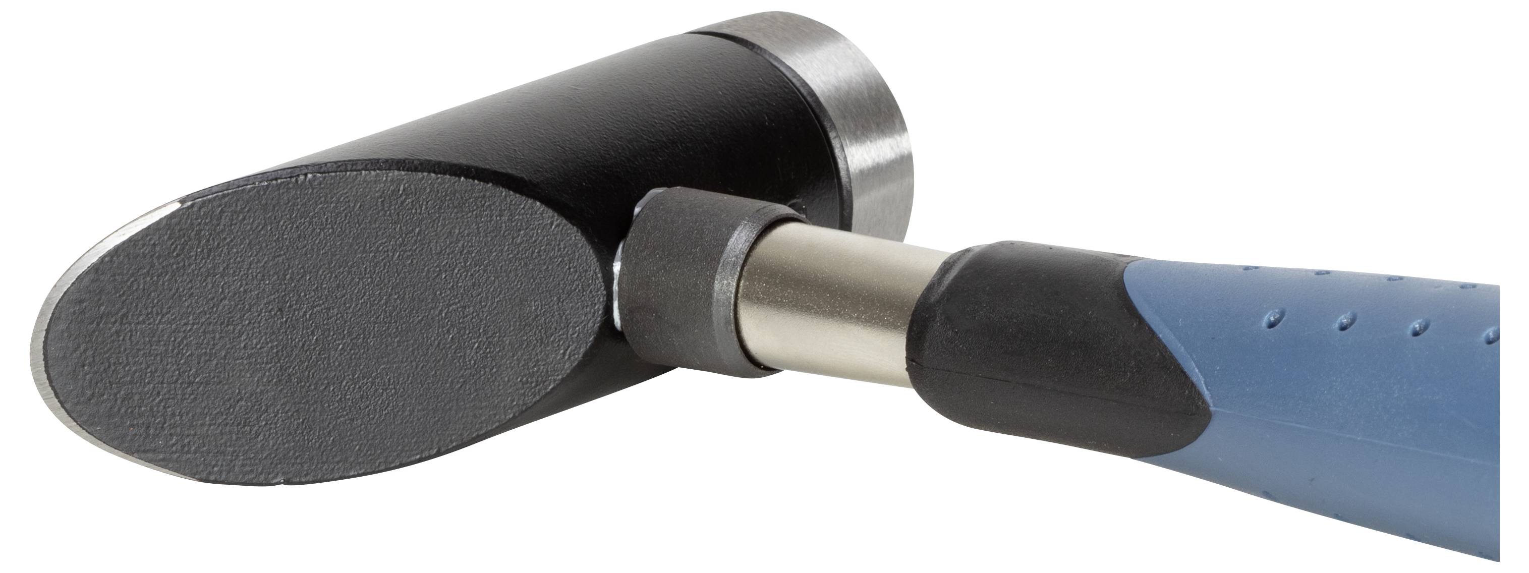 Marteau à tête ronde noire et manche bleu.