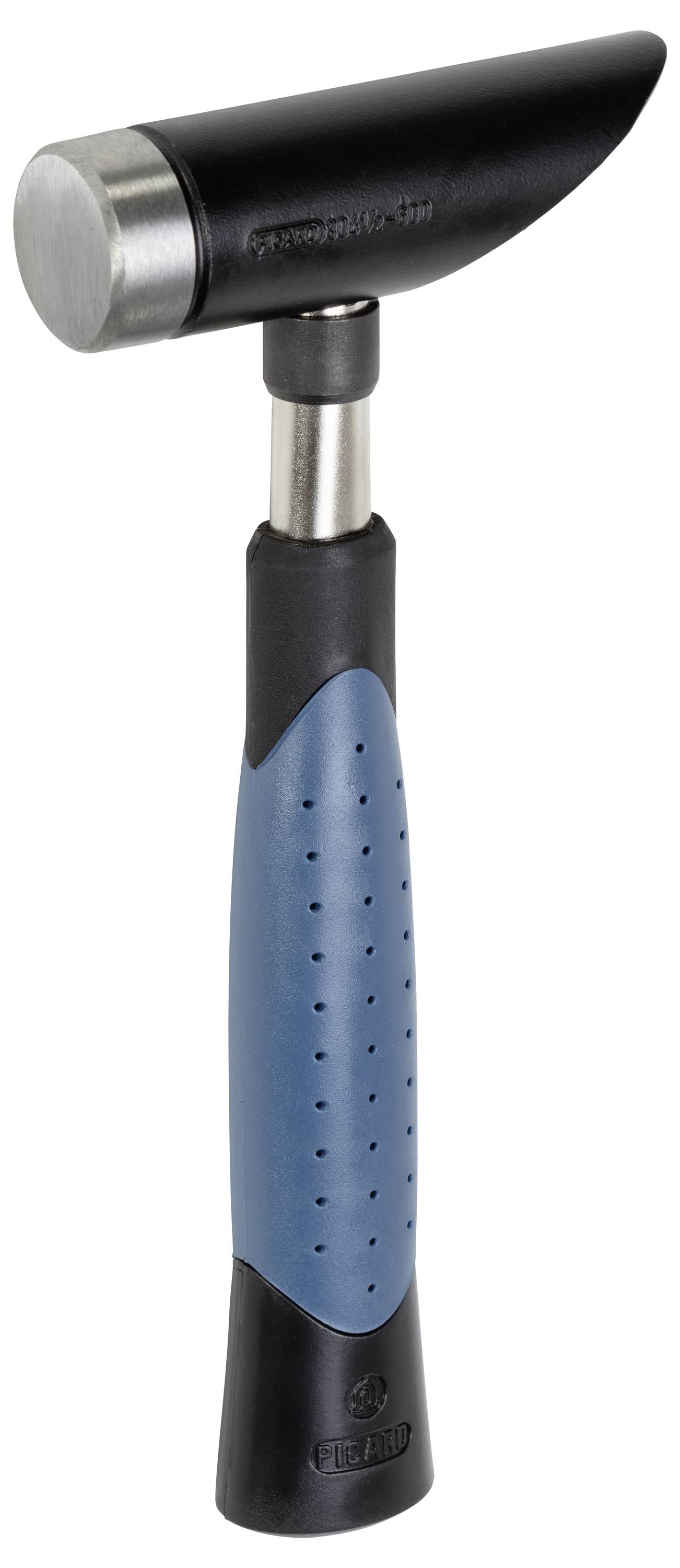 Un marteau avec une poignée en caoutchouc bleue et une tête en métal et en plastique, adapté aux travaux artisanaux précis.