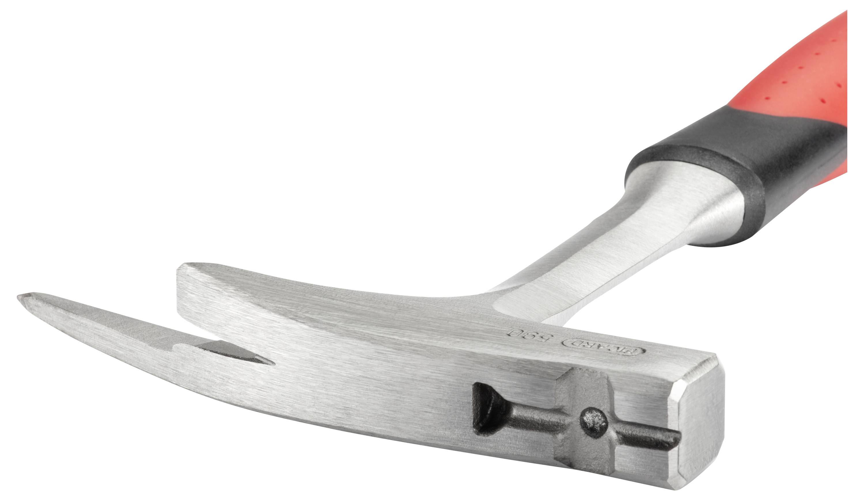 Marteau d'argent avec un manche rouge, montrant le marteau et sa tête sur un fond blanc. Outil utilisé pour la construction ou les travaux de réparation.