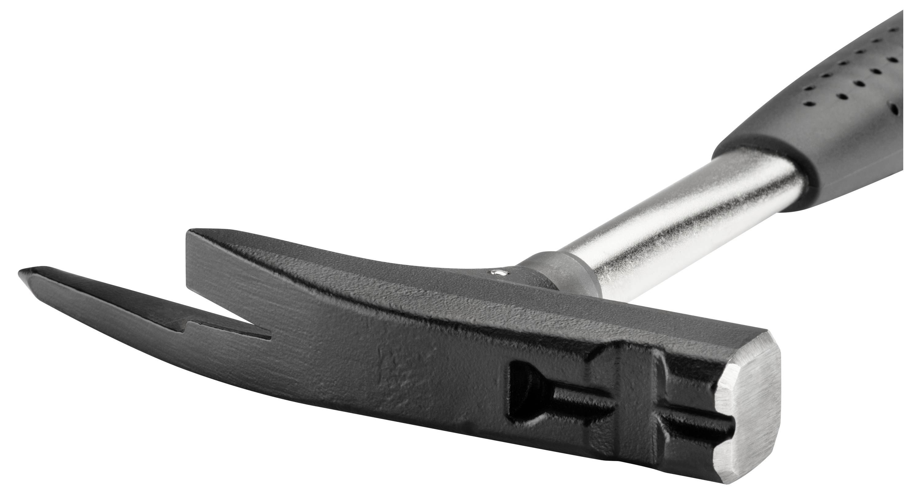 Un marteau de maçon avec un manche en métal et une tête pointue noire. Adapté aux travaux de construction ou artisanaux.