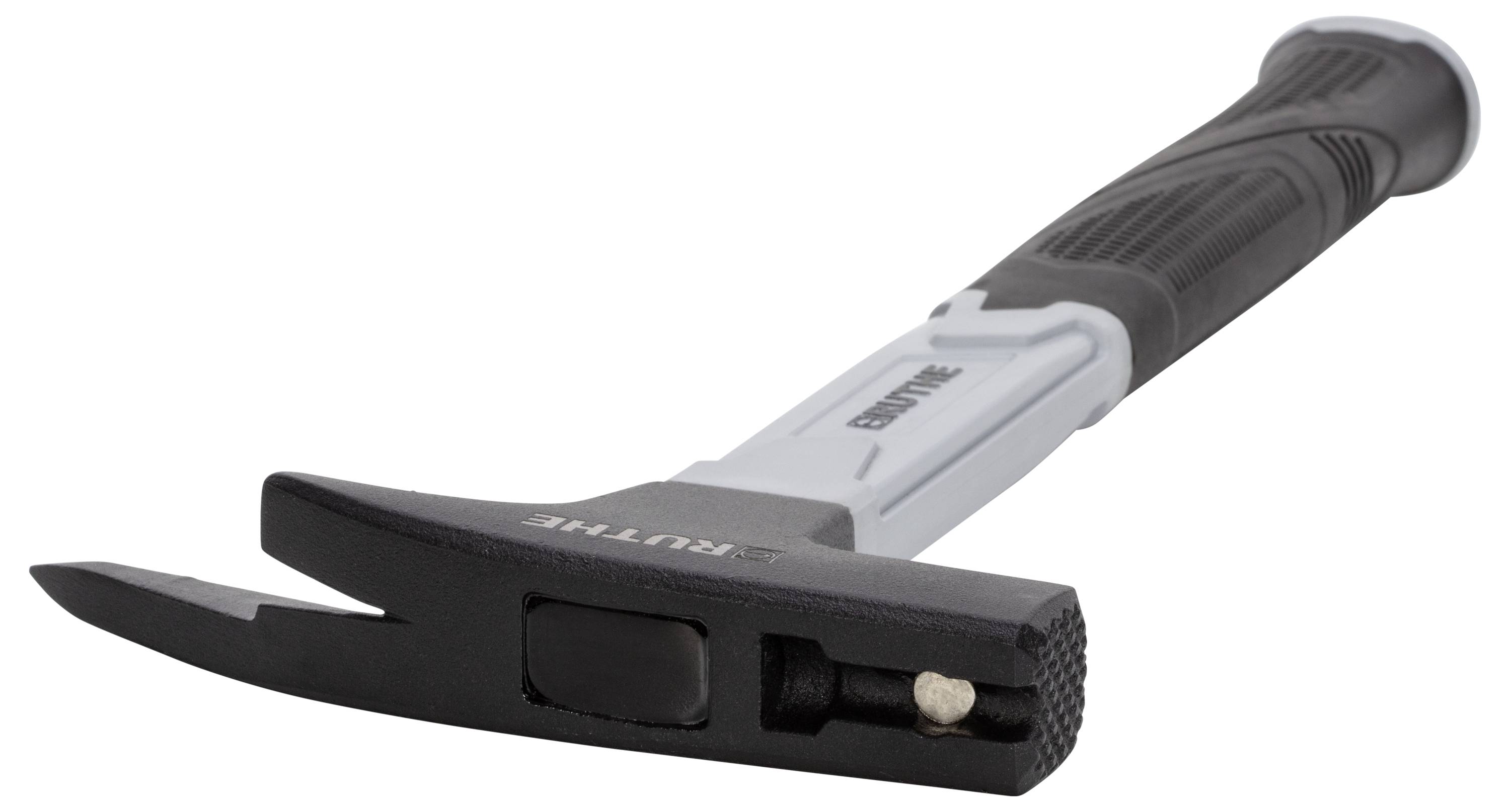 Marteau noir avec manche en métal et extrémité pointue. Convient pour les travaux de construction ou de finition. Nom de marque visible sur la tête.