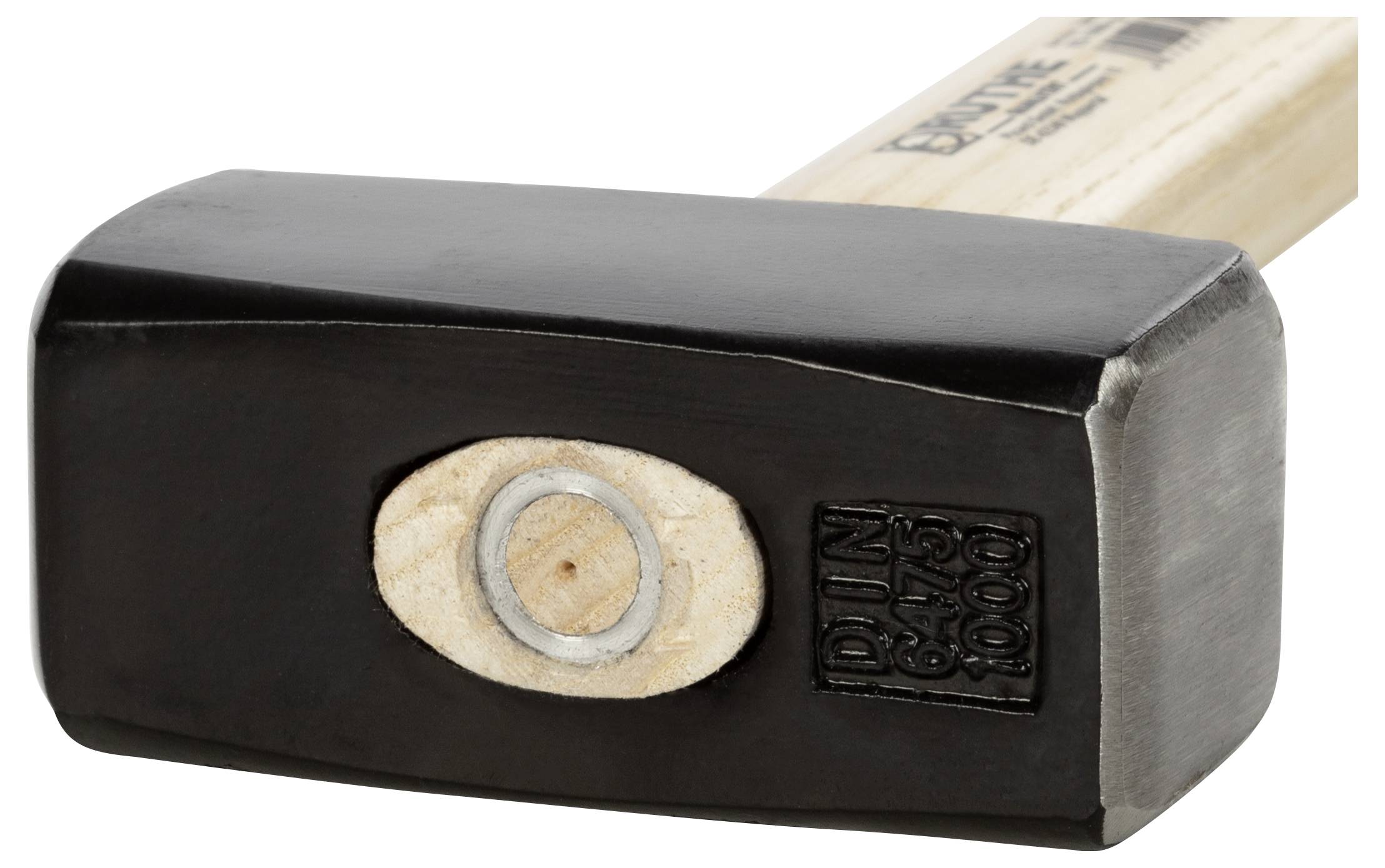 Un marteau-piqueur avec une tête laquée en noir et un manche en bois. La norme 'DIN 6475' et '1000g' sont gravées sur la tête.