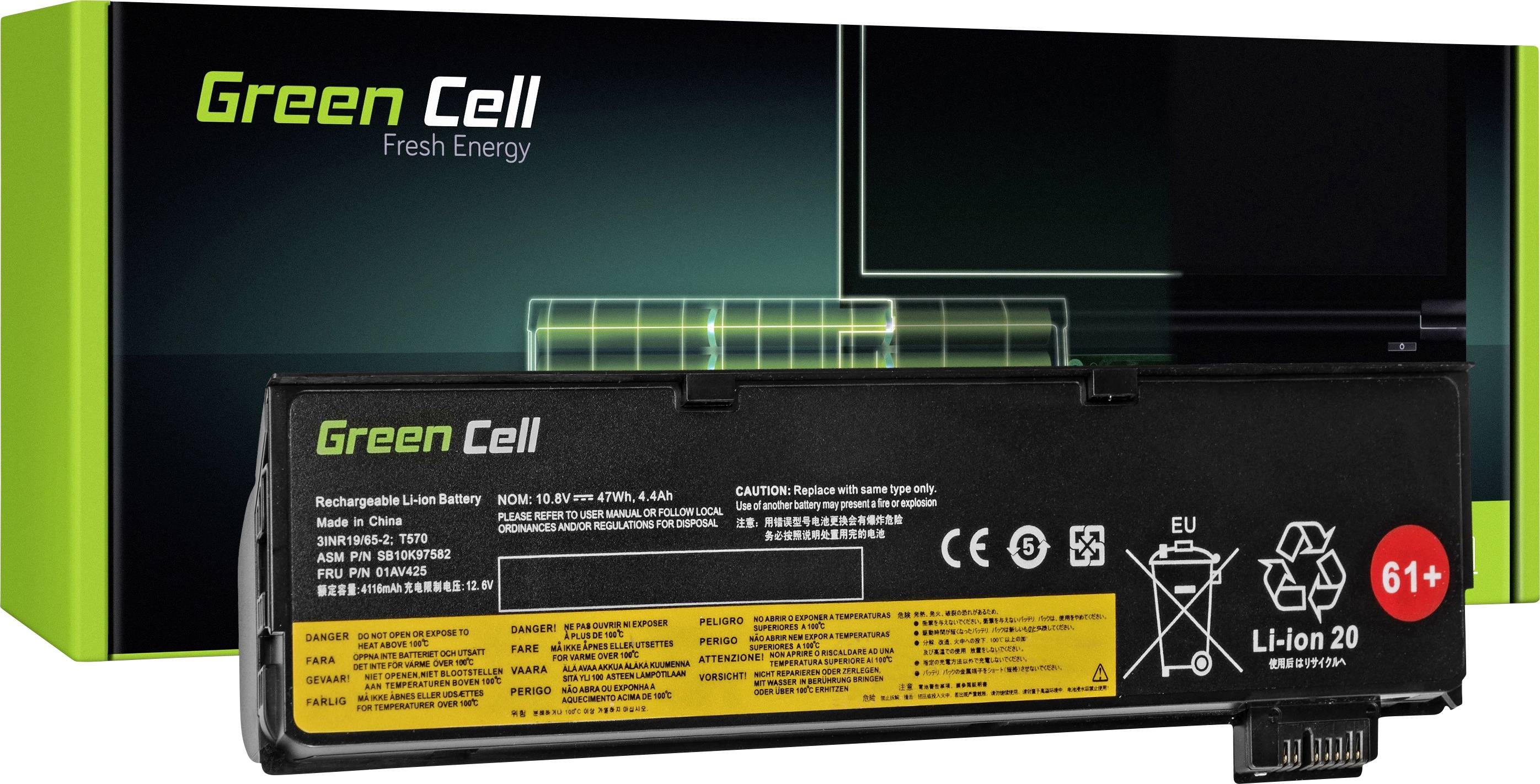 Un batterie d'ordinateur portable de Green Cell, modèle Li-Ion 20, devant son emballage. La batterie affiche des instructions de sécurité et d'utilisation.