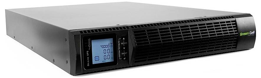Un boîtier de serveur rack noir avec un affichage numérique montrant des valeurs, et le nom de marque 'Green Cell' dans le coin droit.