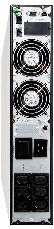 Arrière d'un serveur informatique avec des ventilateurs, des connexions réseau et plusieurs ports pour l'alimentation électrique et les connexions de données.