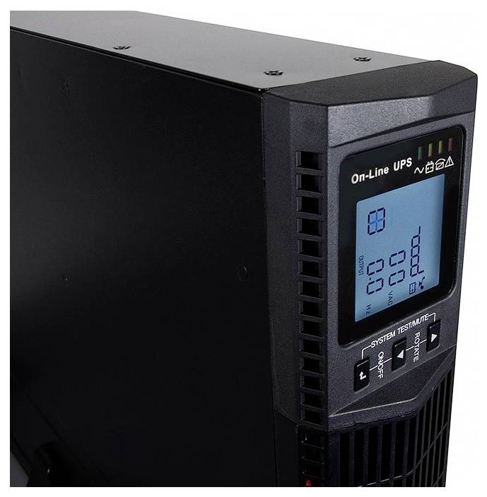 Image d'un onduleur en ligne (Uninterruptible Power Supply) avec un écran numérique affichant des informations de fonctionnement.