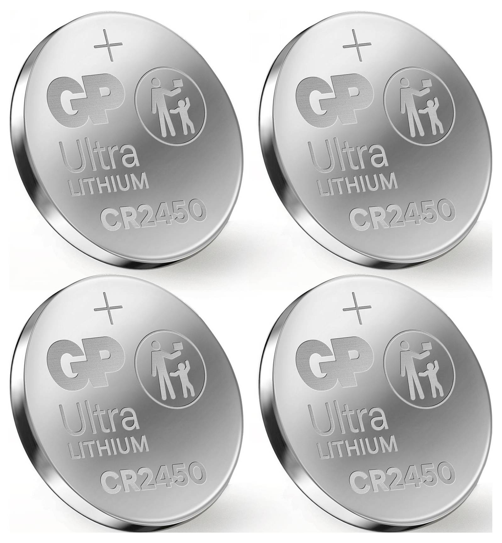 Quatre piles bouton en argent, chacune étiquetée 'GP Ultra Lithium CR2450' avec un symbole de mise au rebut appropriée.