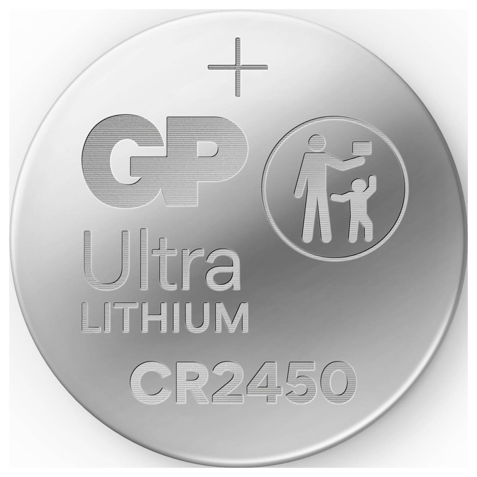 Pile bouton lithium 'GP Ultra Lithium CR2450' avec symbole de pôle positif et icône d'avertissement pour une manipulation sécurisée par les adultes.