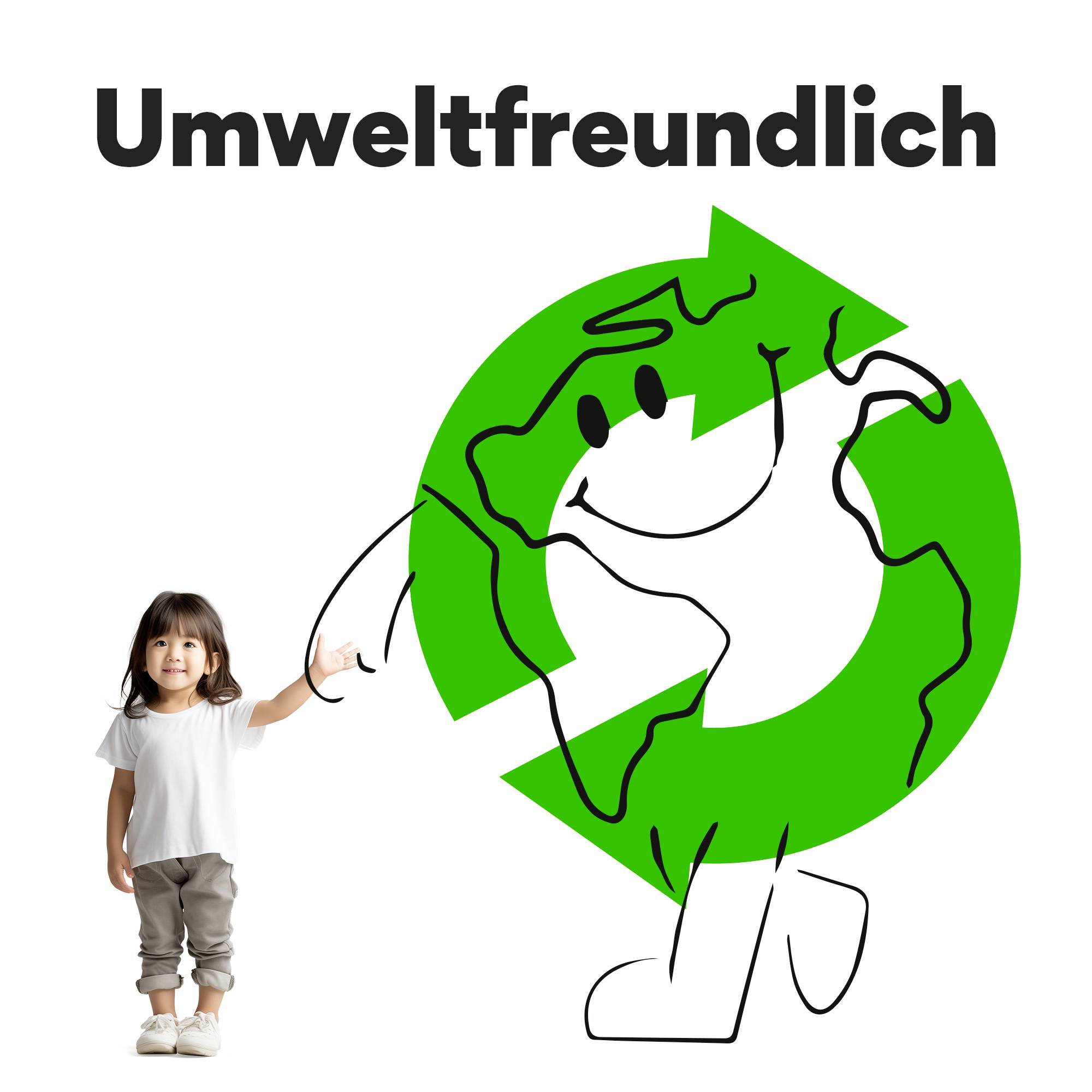 Un enfant tend la main à un globe vert souriant, avec l'inscription « Écologique » au-dessus.