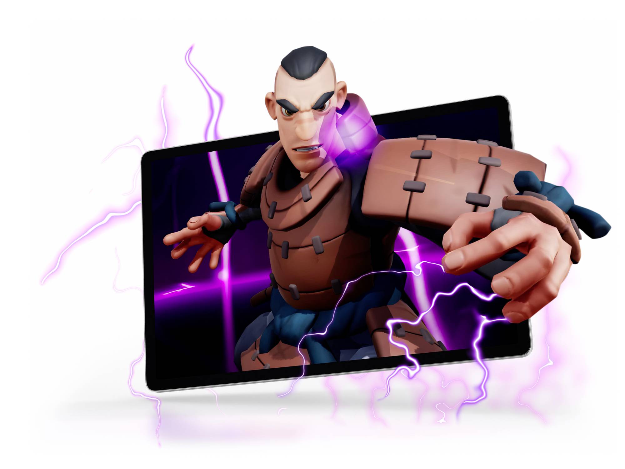 Un guerrier animé émerge d'une tablette, entouré d'électricité violette. Il semble déterminé et concentré.