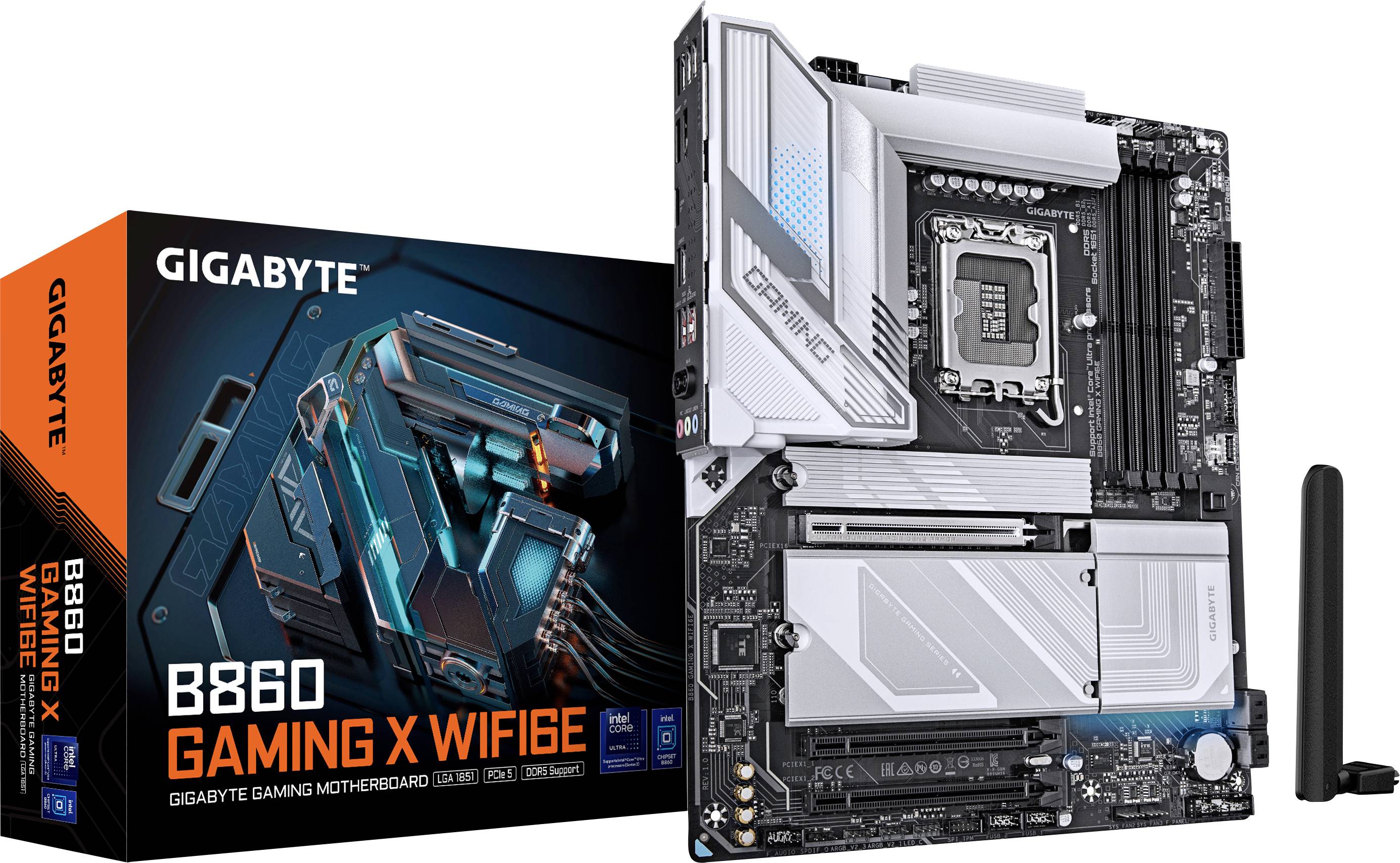 Carte mère Gigabyte B860 Gaming X WiFi 6E présentée à côté de sa boîte de vente, mettant en valeur ses caractéristiques et son design dédiés au gaming.