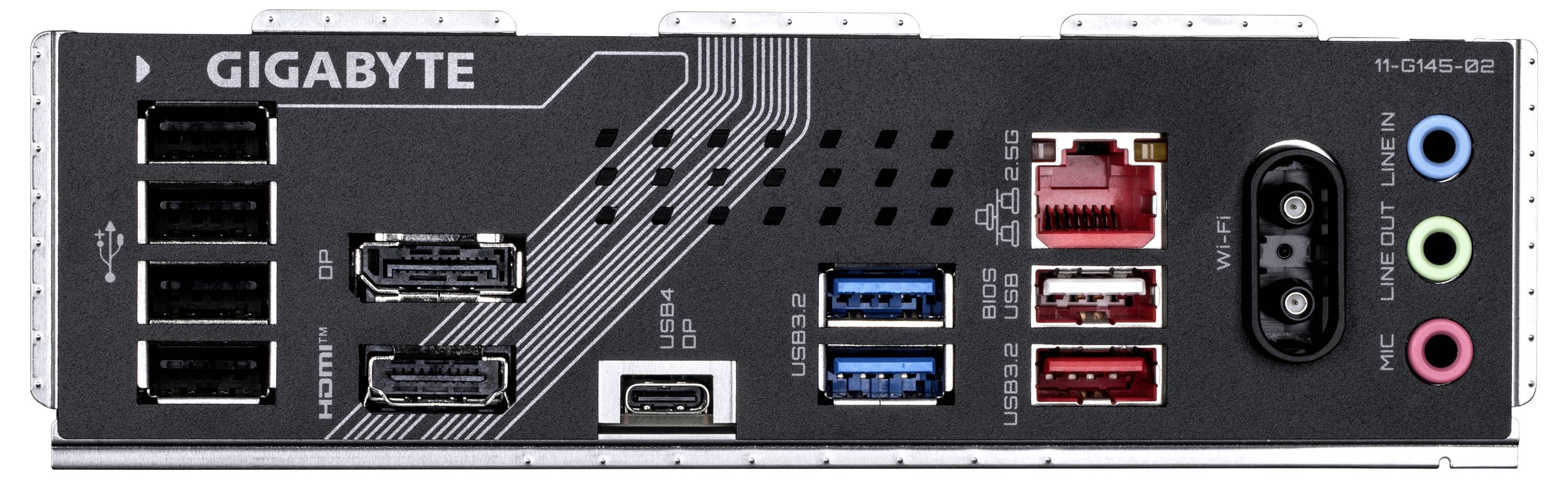 Panneau arrière de la carte mère 'Gigabyte' avec plusieurs ports USB, HDMI, DisplayPort, Ethernet et connecteurs audio pour une connectivité polyvalente.