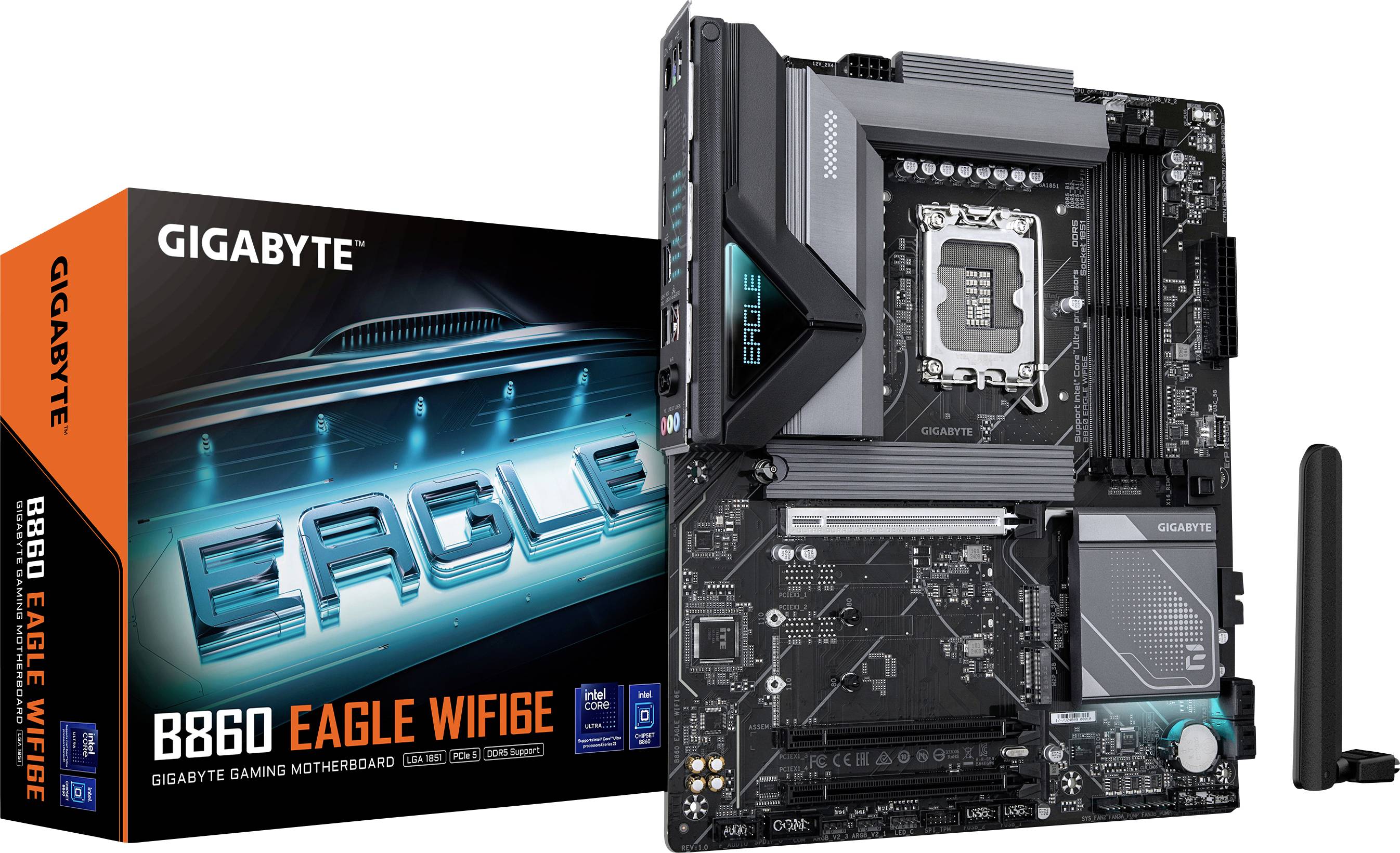 Carte mère de jeu Gigabyte B860 Eagle WiFi avec un design élégant noir et bleu-vert, présentée à côté de son emballage et d'une antenne WiFi.
