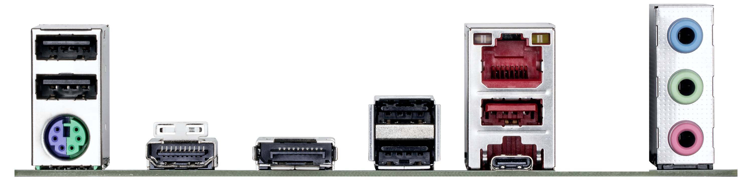 Une série de ports informatiques sur une carte mère, comprenant des ports USB, HDMI, Ethernet et des prises audio, montrant les connexions pour divers appareils.