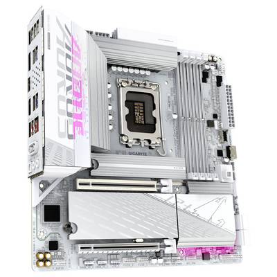 Une carte mère d'ordinateur avec des emplacements RAM, un socket processeur et des emplacements PCIe, conçue pour l'informatique avancée et le gaming, avec un éclairage RVB.