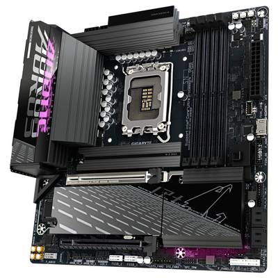 Une carte mère dotée de plusieurs emplacements RAM, d'un socket pour processeur central, d'emplacements PCIe, portant la marque 'Z790 AORUS ELITE AX', conçue pour des performances élevées.