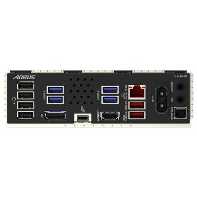 Panneau arrière d'une carte mère d'ordinateur montrant divers ports : USB, HDMI, DisplayPort, Ethernet et prises audio sur un fond noir.