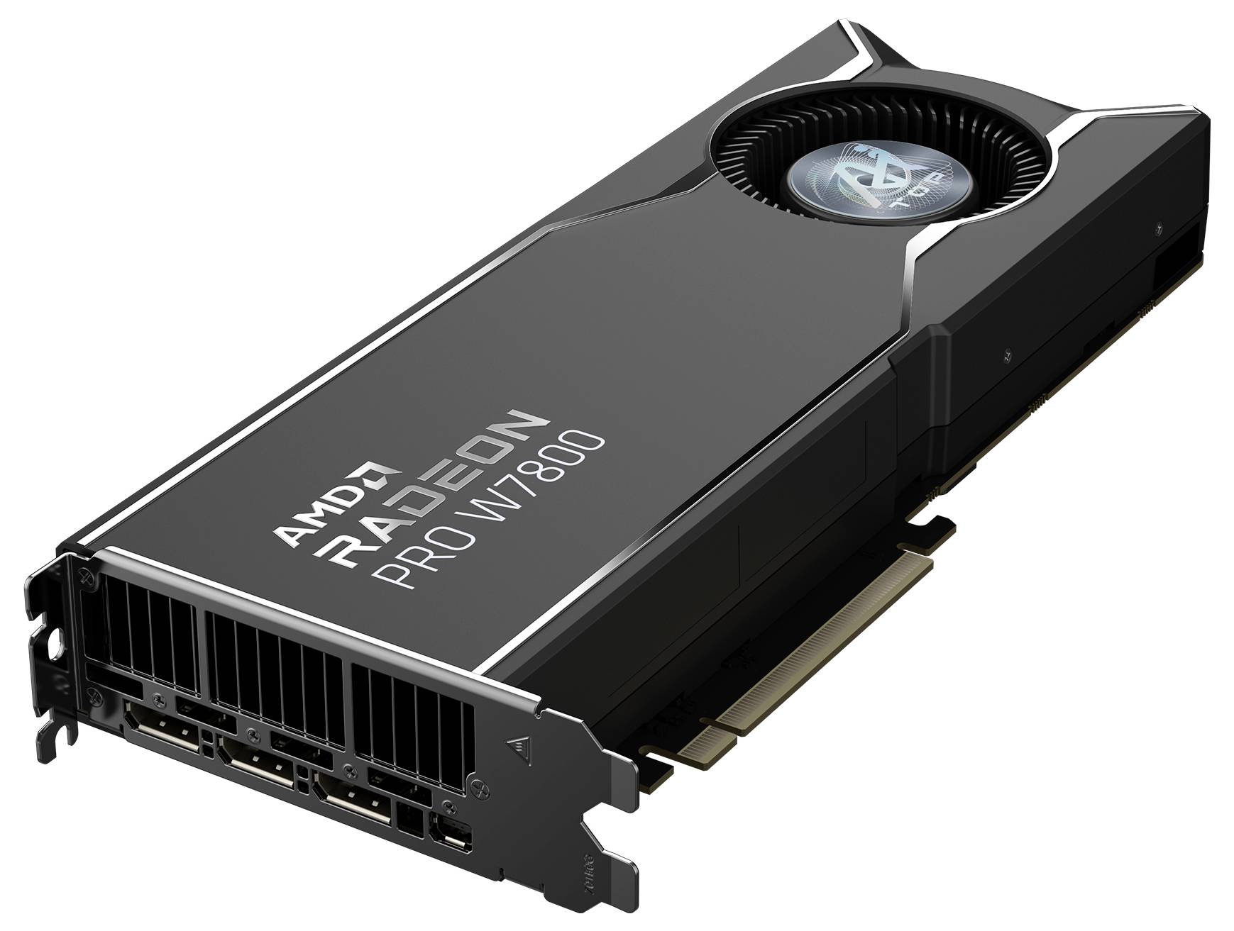 Une carte graphique noire étiquetée « AMD Radeon Pro W7800 », dotée de plusieurs ports et d'un ventilateur de refroidissement sur le dessus, utilisée pour l'informatique professionnelle.