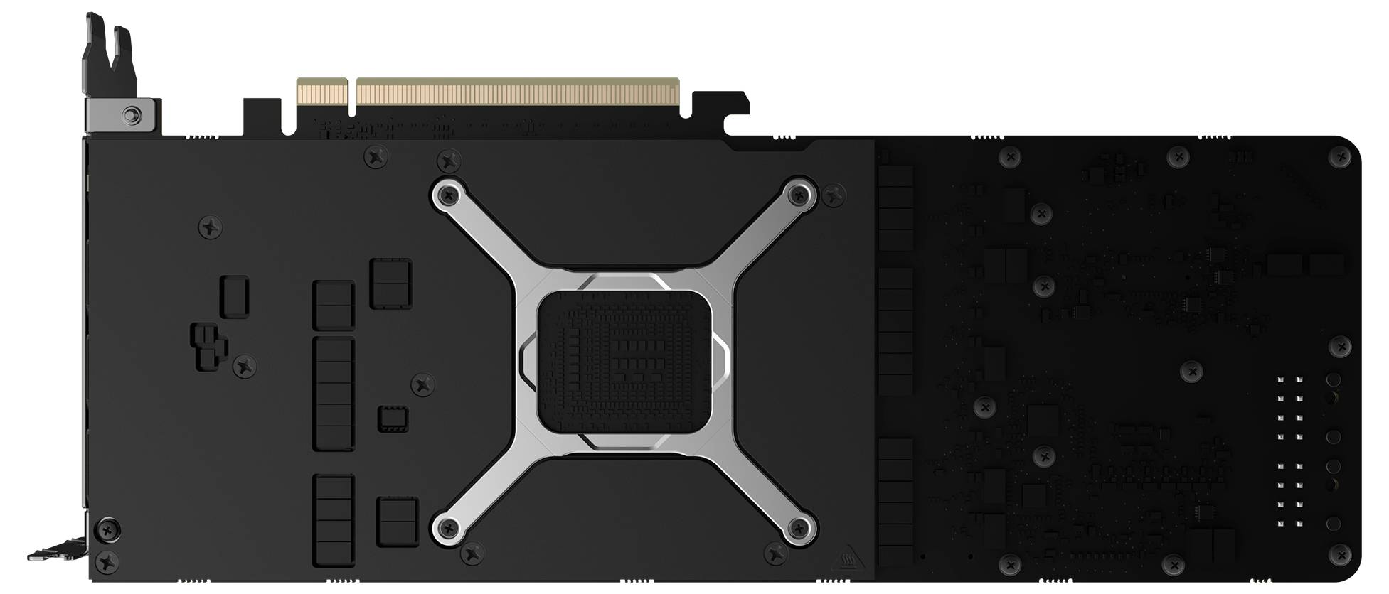 Une carte graphique noire vue de dos, montrant un support métallique et un connecteur, utilisée pour le rendu d'images et de vidéos.