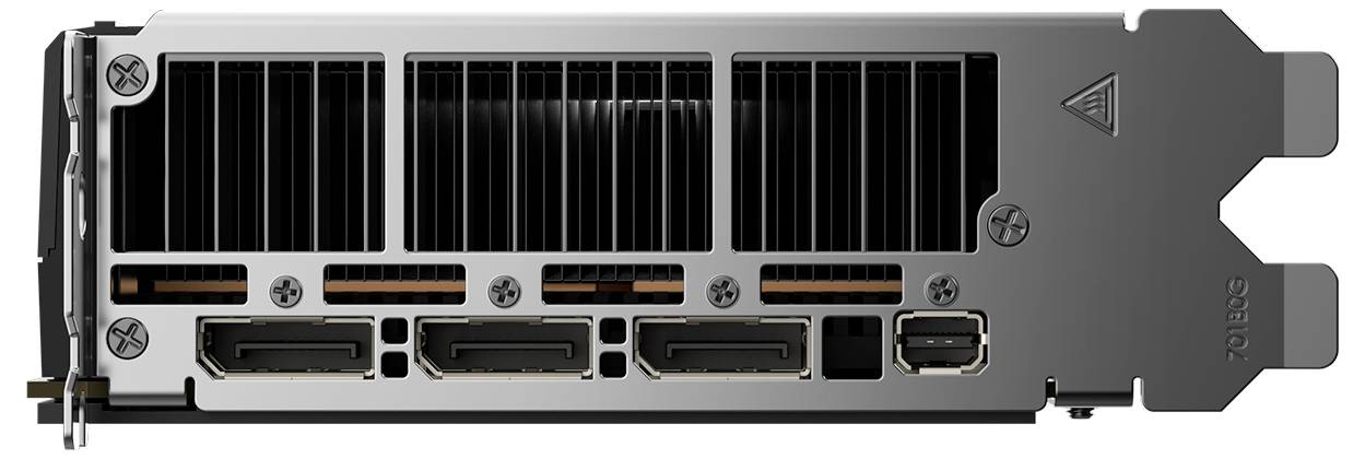 Une carte graphique dotée de plusieurs ports d'affichage, incluant des connecteurs DisplayPort et HDMI, adaptée à l'informatique visuelle haute performance.