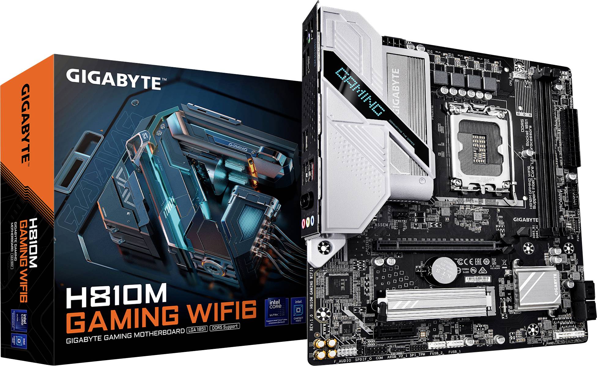 Carte mère 'GIGABYTE H810M GAMING WIFI6' présentée à côté de sa boîte, mettant en valeur la marque et les principales caractéristiques du produit.