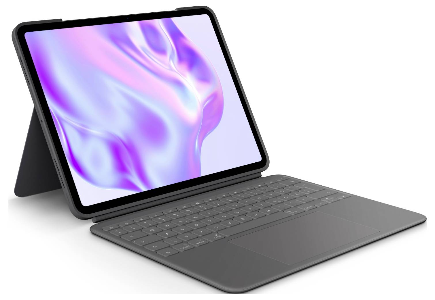 Tablette avec un dock clavier amovible en vue latérale, l'écran affichant un motif abstrait et coloré.