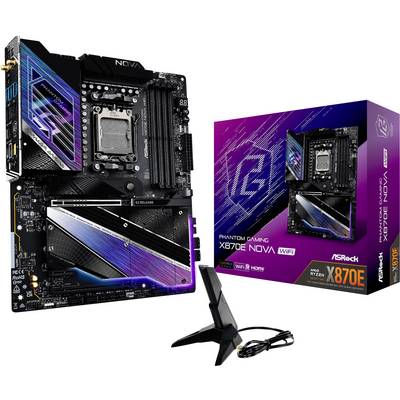 Carte mère ASRock Phantom Gaming X670E avec WiFi, présentée à côté de son emballage et de son antenne WiFi ; conçue pour les PC de jeu.