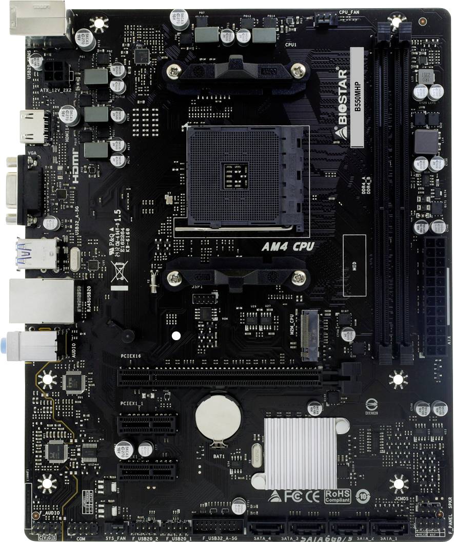 Carte mère Biostar AM4 pour processeur, montrant divers emplacements et ports, notamment des connecteurs HDMI, USB et audio.