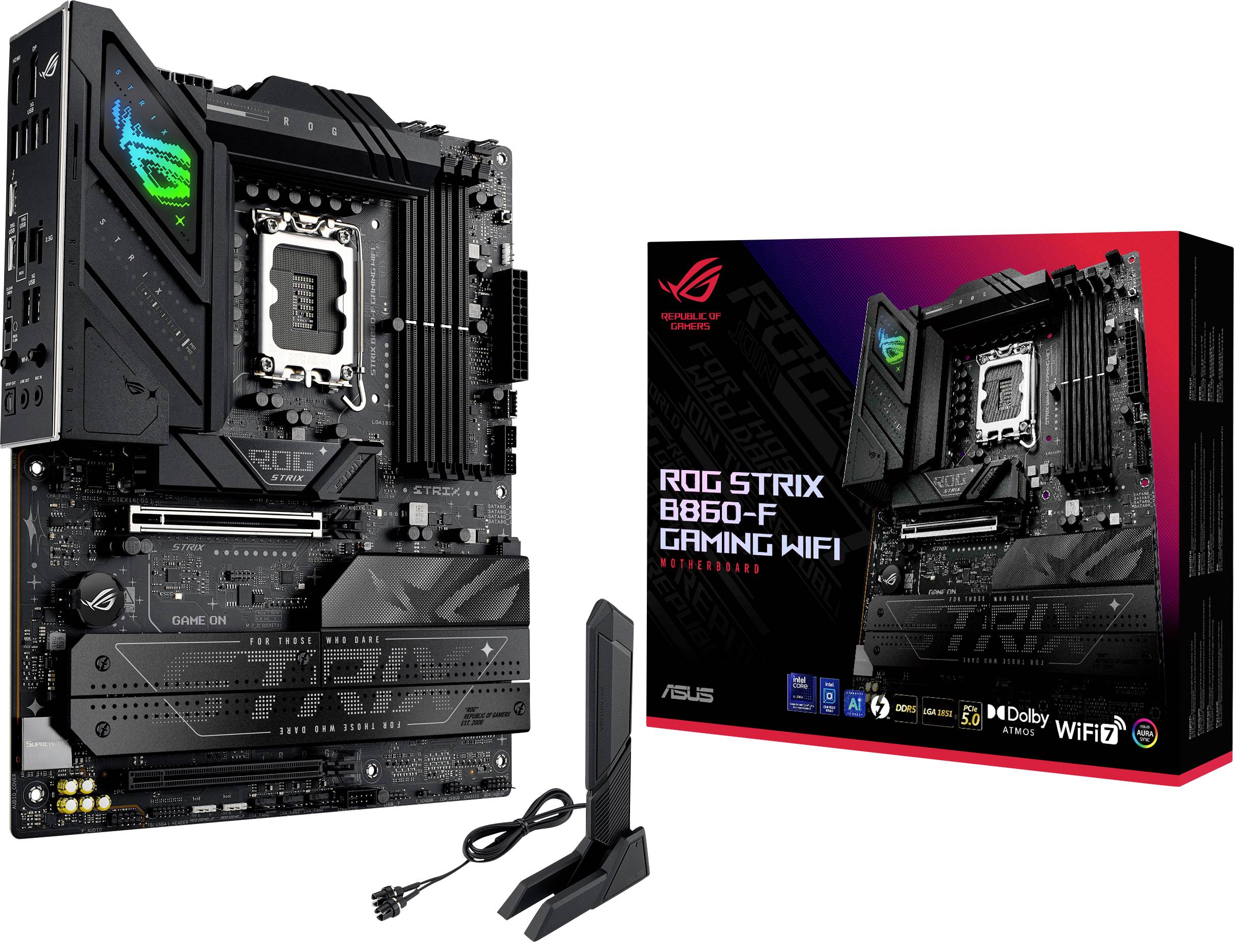 Carte mère avec WiFi, étiquetée « ROG STRIX B860-F GAMING WIFI », présentée à côté de son emballage. Comprend des accessoires de connectivité.
