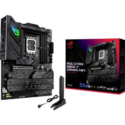 Carte mère avec WiFi, étiquetée « ROG STRIX B860-F GAMING WIFI », présentée à côté de son emballage. Comprend des accessoires de connectivité.