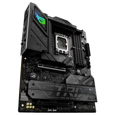Une carte mère noire équipée de plusieurs emplacements, d'un socket processeur et d'un éclairage RVB, conçue pour le gaming et les tâches de traitement avancées.