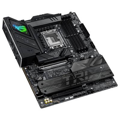 Une carte mère d'ordinateur noire présentant des circuits complexes, des emplacements pour barrettes de RAM, un socket pour processeur, et divers ports de connexion et dissipateurs thermiques.