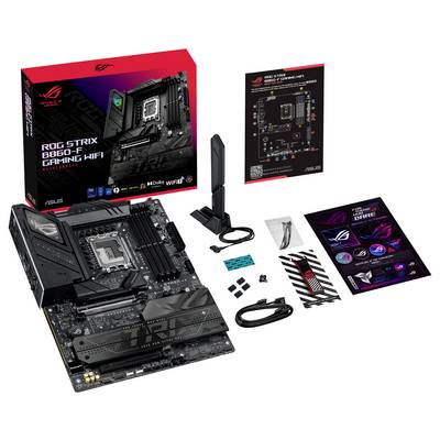 Un kit de carte mère de jeu avec antenne WiFi, câbles et manuel d'utilisation. Étiqueté « ROG Strix B660-F Gaming WiFi » sur l'emballage.
