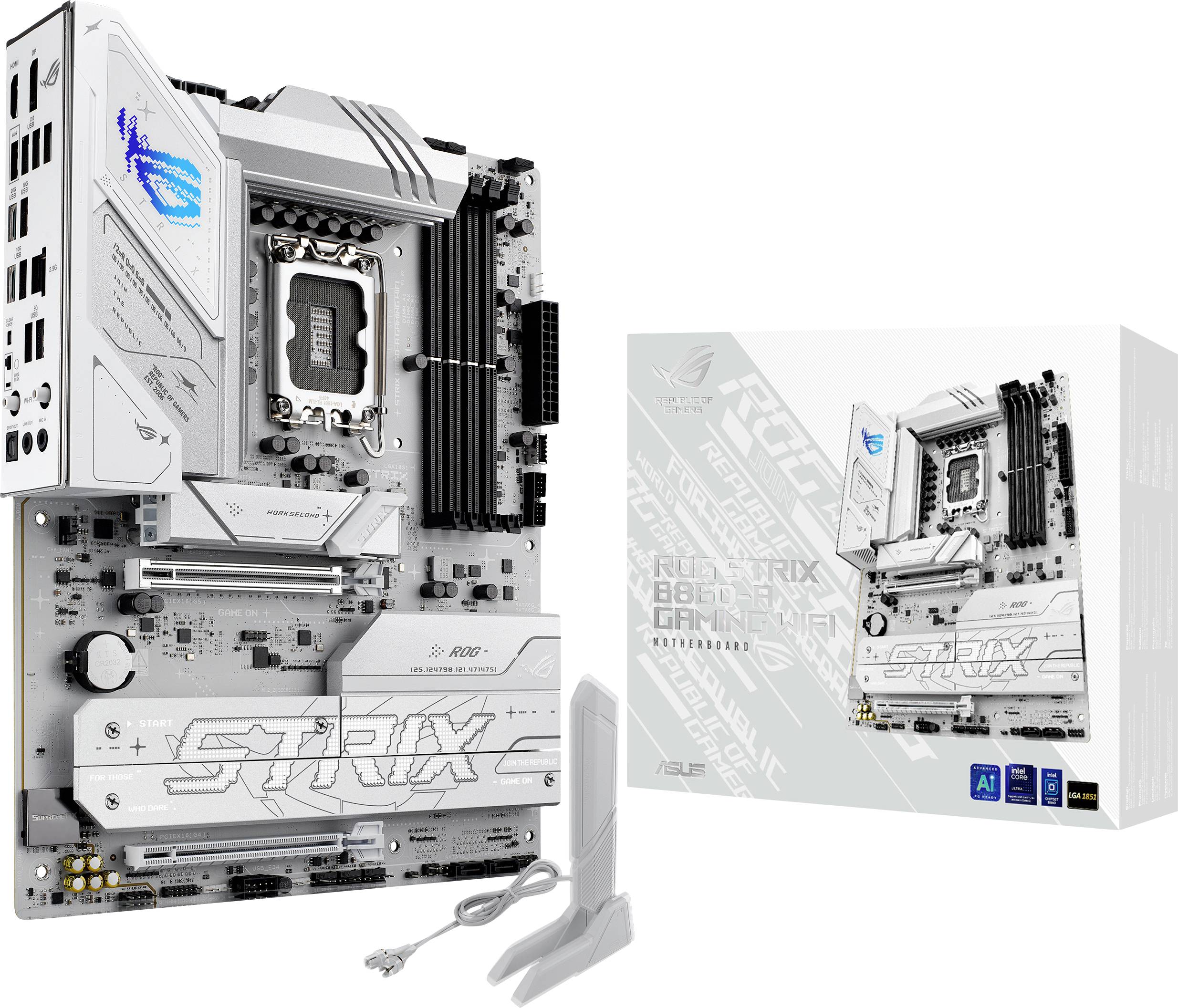 Une carte mère blanche ROG Strix B660-A Gaming avec sa boîte, présentant plusieurs ports, des emplacements PCIe et une antenne Wi-Fi.