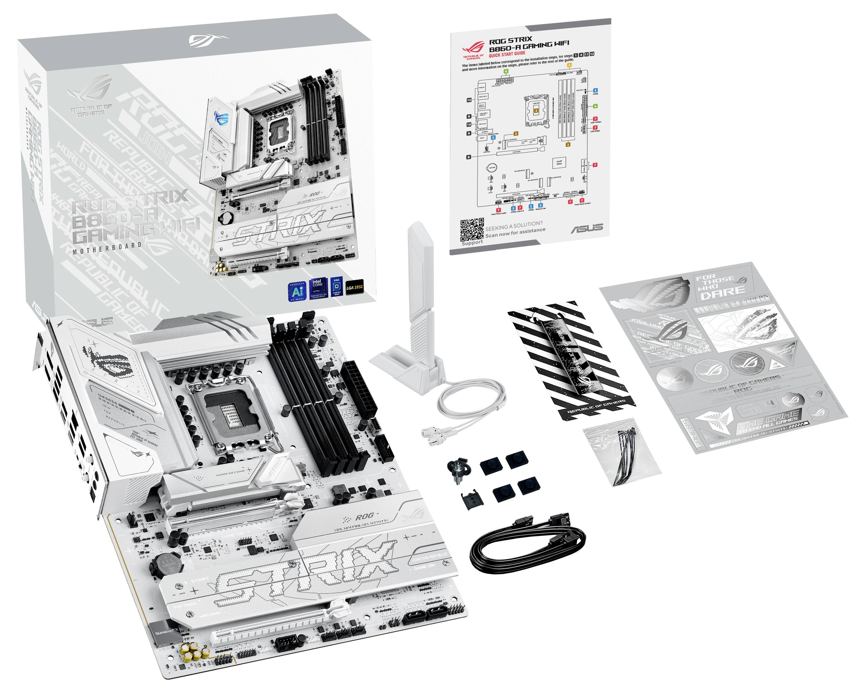 Carte mère ASUS blanche et accessoires présentés avec boîte, manuel et câbles. Comprend une antenne et des vis, mettant en valeur les caractéristiques d'installation.