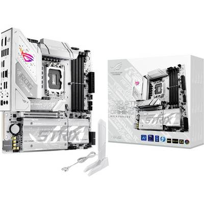 « Carte mère blanche ASUS ROG Strix Z690-A présentée avec un design élégant, exposée aux côtés de son emballage et de ses accessoires fournis. »