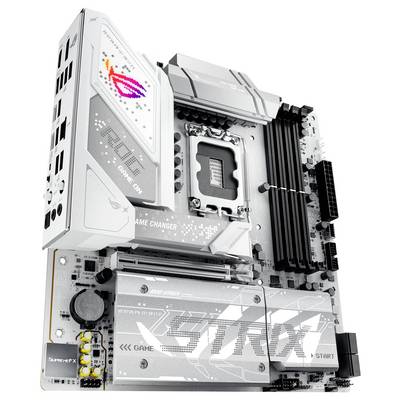 Une carte mère d'ordinateur grise et blanche avec le logo « ROG Strix ». Elle présente plusieurs emplacements et composants pour différentes connexions.