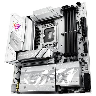 Carte mère ASUS ROG blanche avec emplacements noirs et marquage 'STRIX', conçue pour le gaming et l'informatique haute performance.