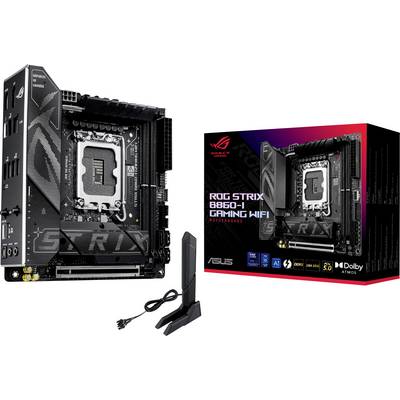 Carte mère 'ROG Strix B860-I Gaming WiFi' présentée à côté de son emballage et de son antenne WiFi, mettant en valeur sa taille compacte et ses fonctionnalités.