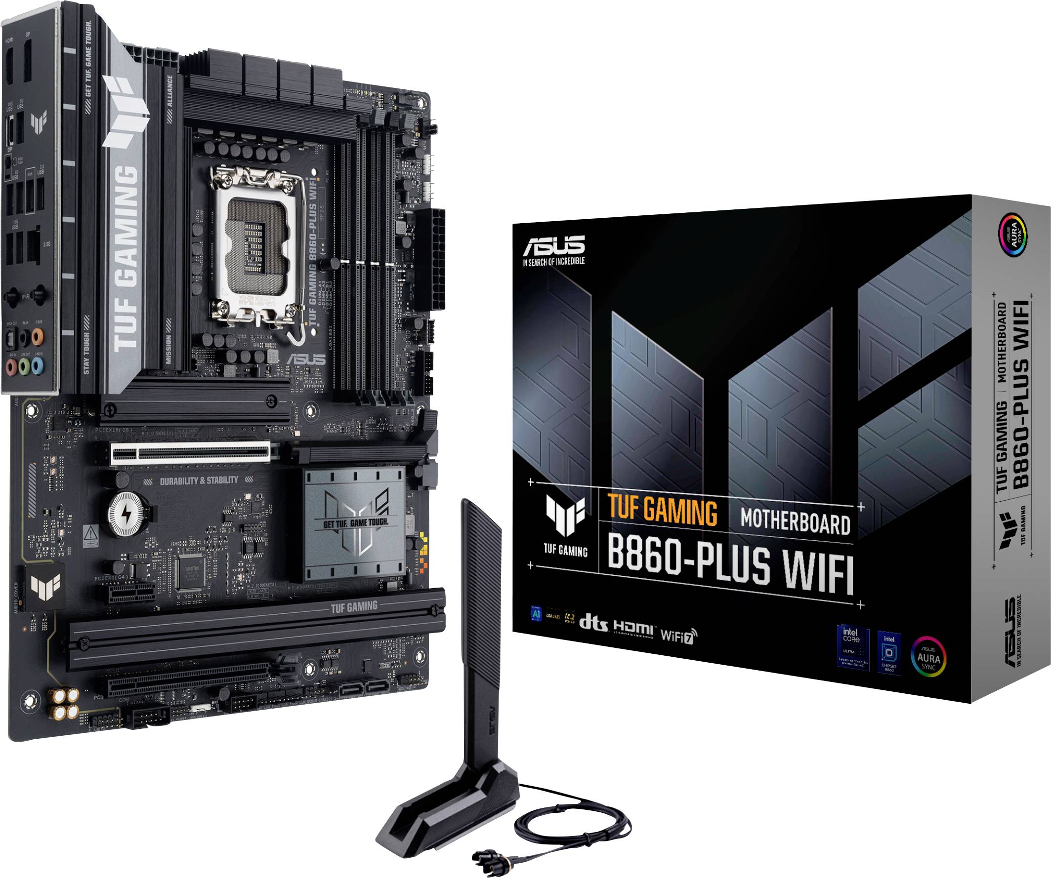 Carte mère ASUS TUF Gaming B660-Plus WiFi présentée avec sa boîte et son antenne, avec un design orienté gaming et des options de connectivité.