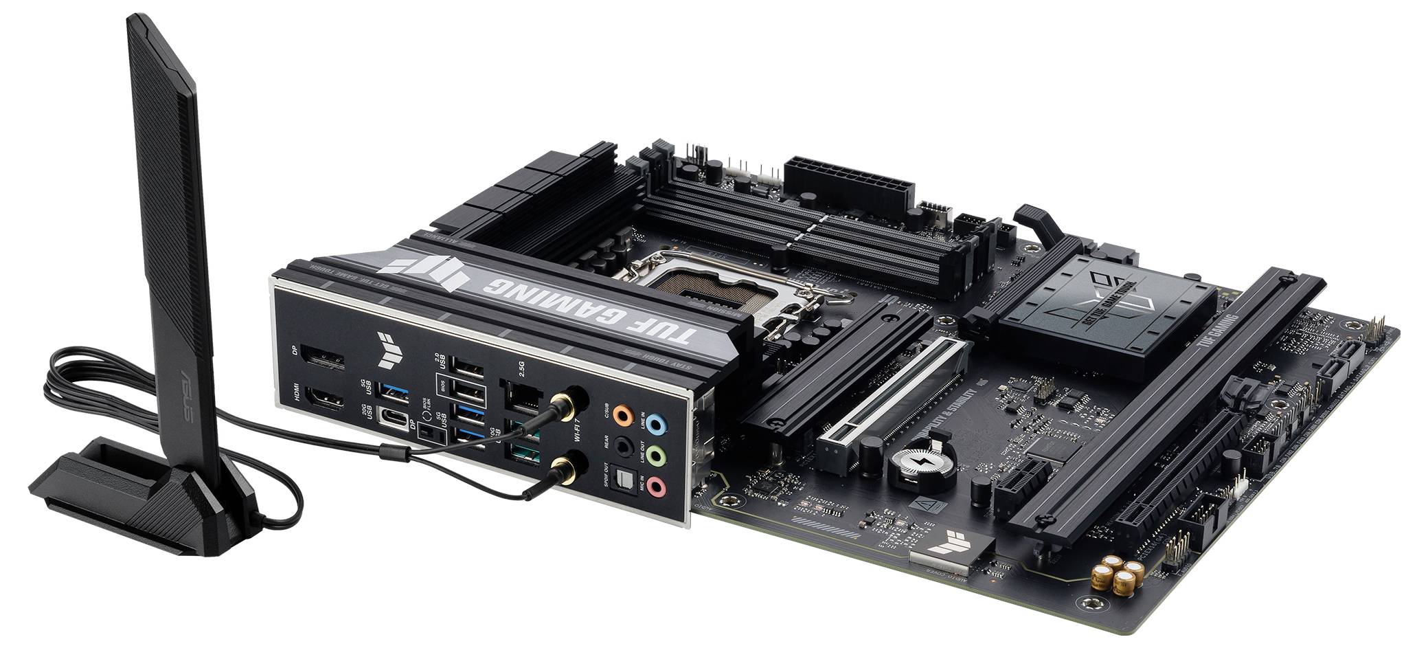 Une carte mère de jeu avec plusieurs emplacements et ports est représentée aux côtés d'une antenne, illustrant ses caractéristiques de connectivité et de conception.