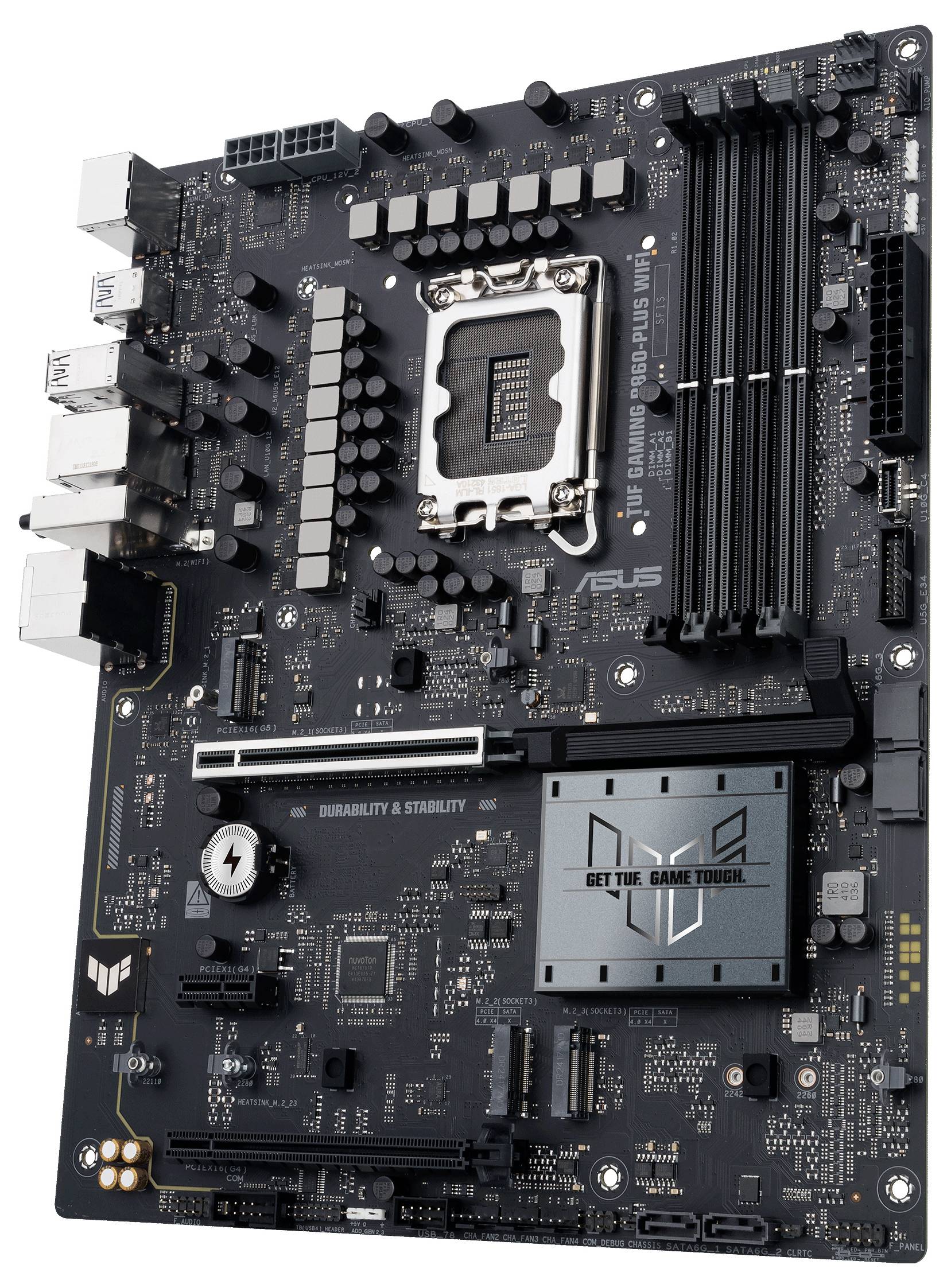 Une carte mère d'ordinateur avec plusieurs emplacements et ports, comprenant un socket pour un processeur, des slots de RAM et divers connecteurs pour périphériques.