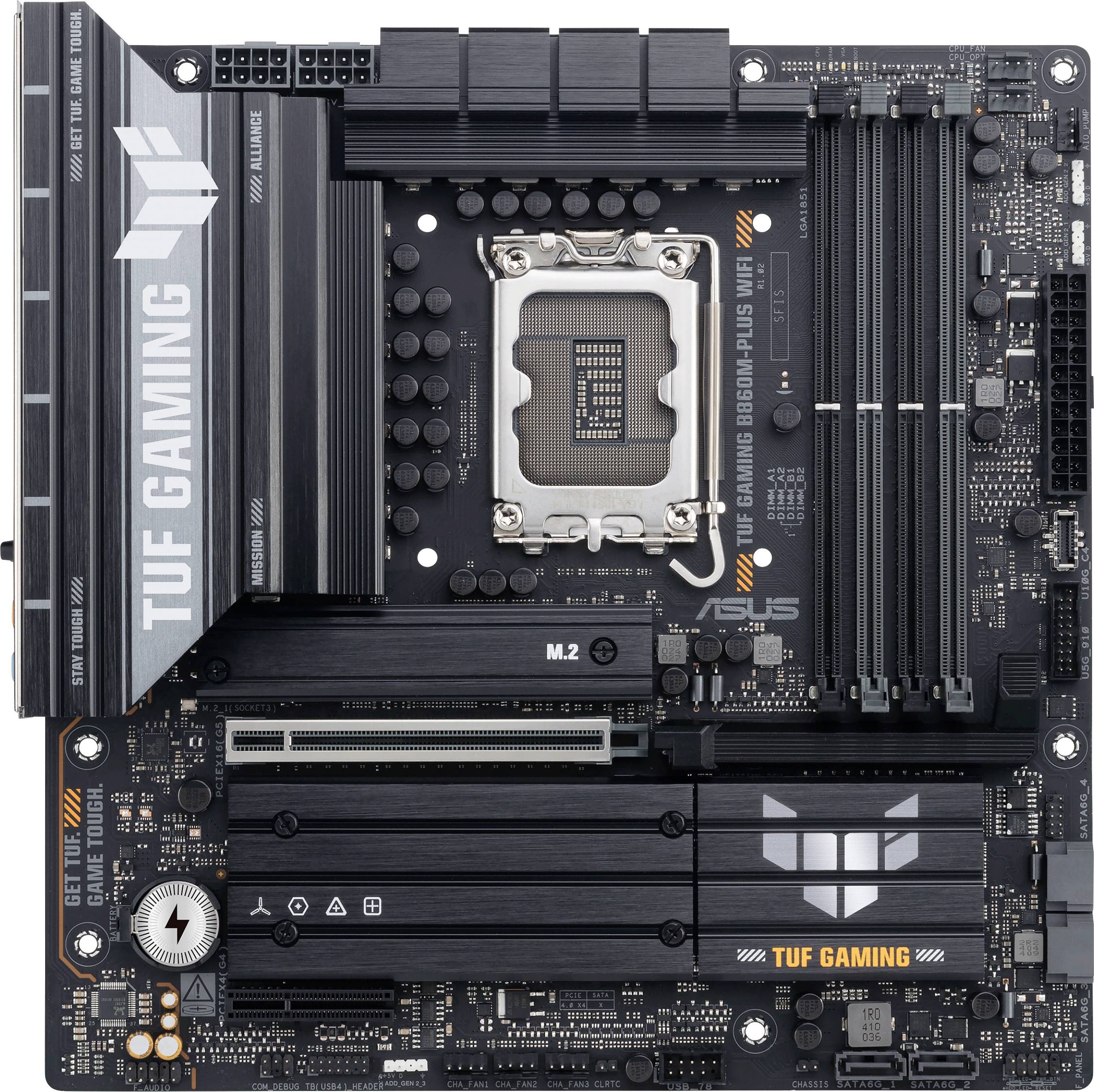 Carte mère ASUS de la marque 'TUF Gaming' avec socket processeur, emplacements de RAM et différents ports et connecteurs, conçue pour les performances de jeu.
