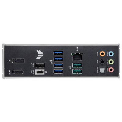 Panneau d'E/S arrière d'une carte mère d'ordinateur avec plusieurs ports, comprenant HDMI, DisplayPort, USB 2.0, USB 3.0, USB-C, Ethernet et des prises audio.